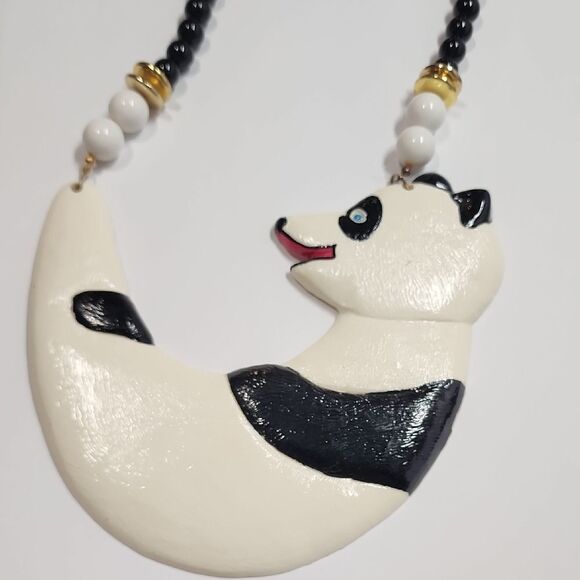 Black and White Panda Necklace Unique Good Luck Bear Handpainted - Picture 1 of 13